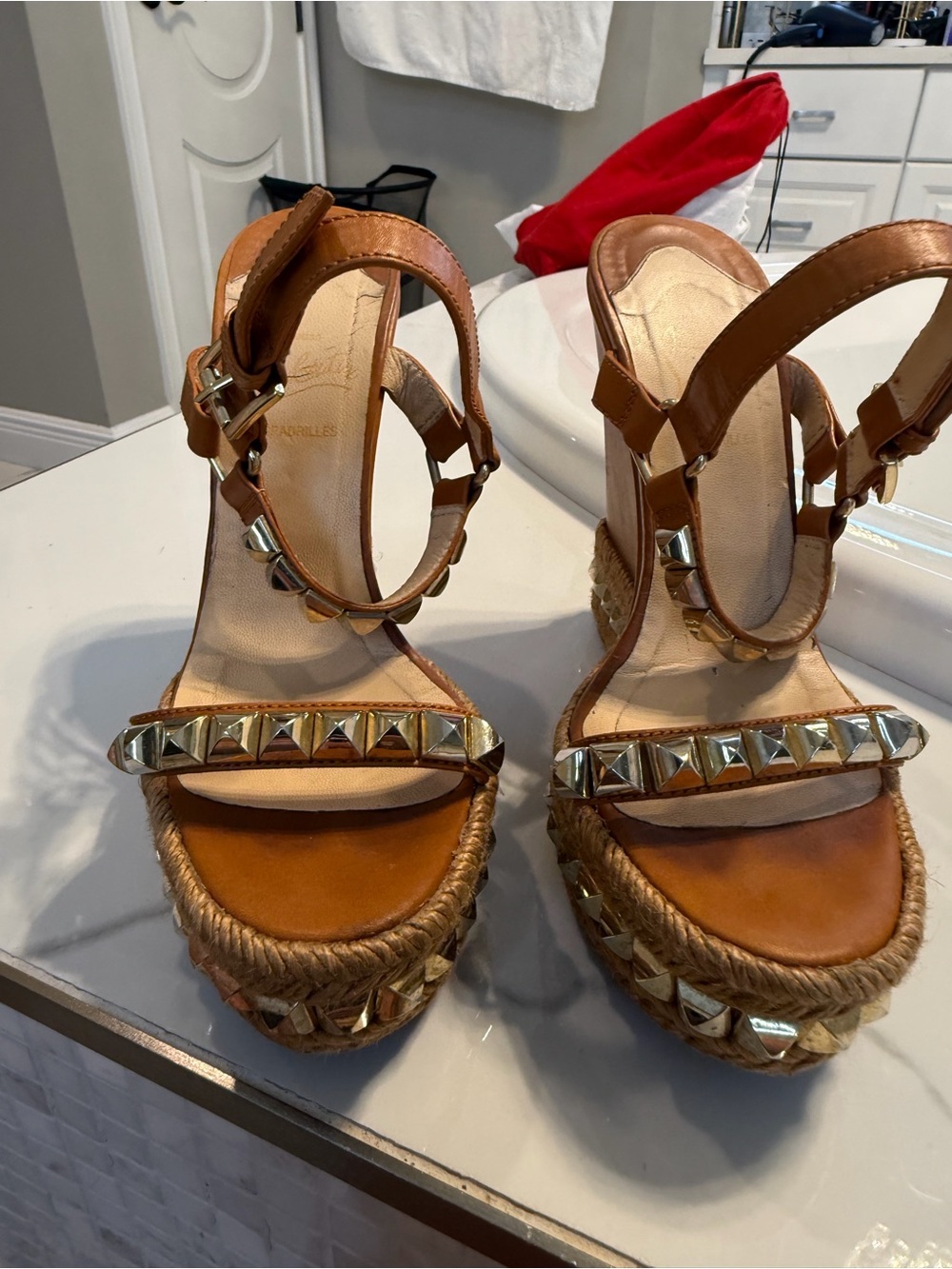 Christian Louboutin Tan Leather Studded Platform Wedge Sandals